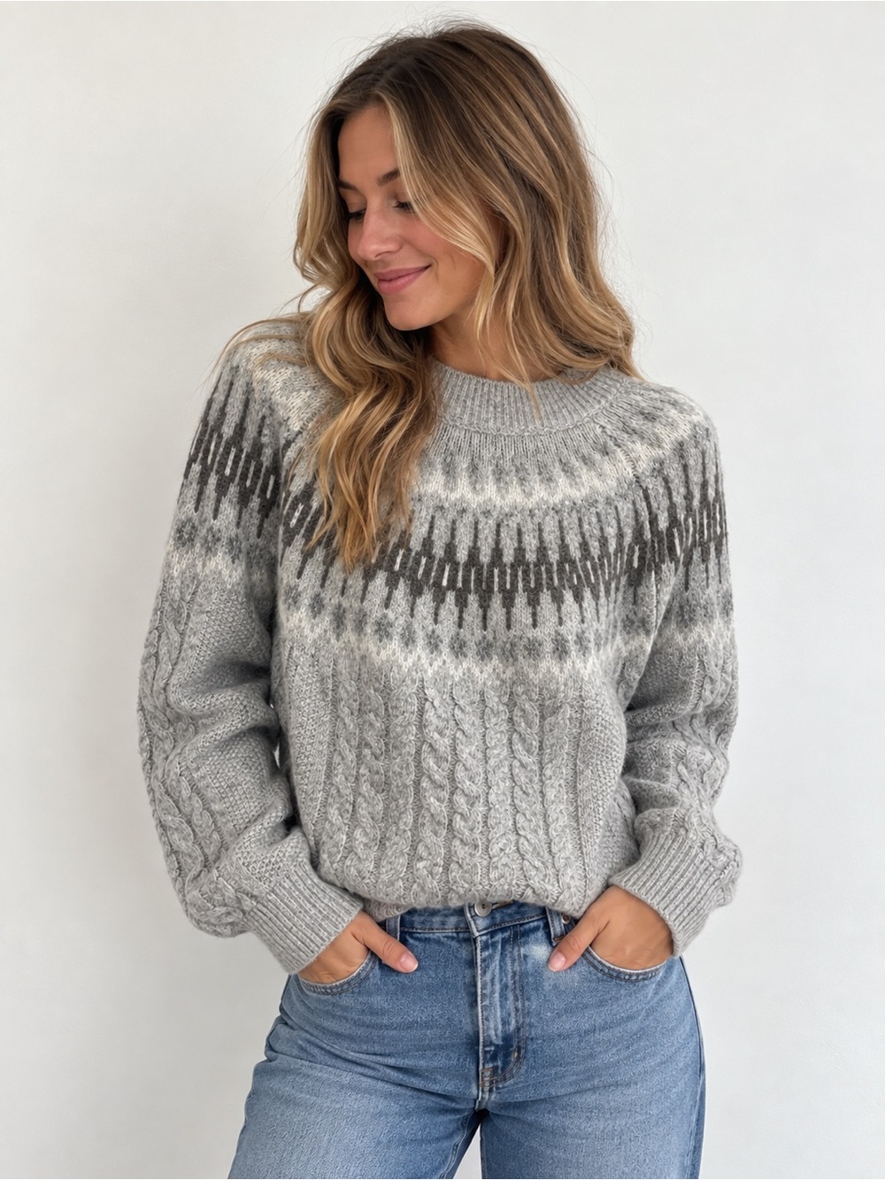 Cozy Gray Fair Isle Cable Knit Sweater